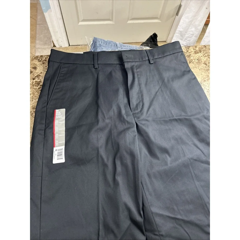 Falls Creek No Iron Khaki Pants 36x32 Mens Black Flat Front Classic Stretch